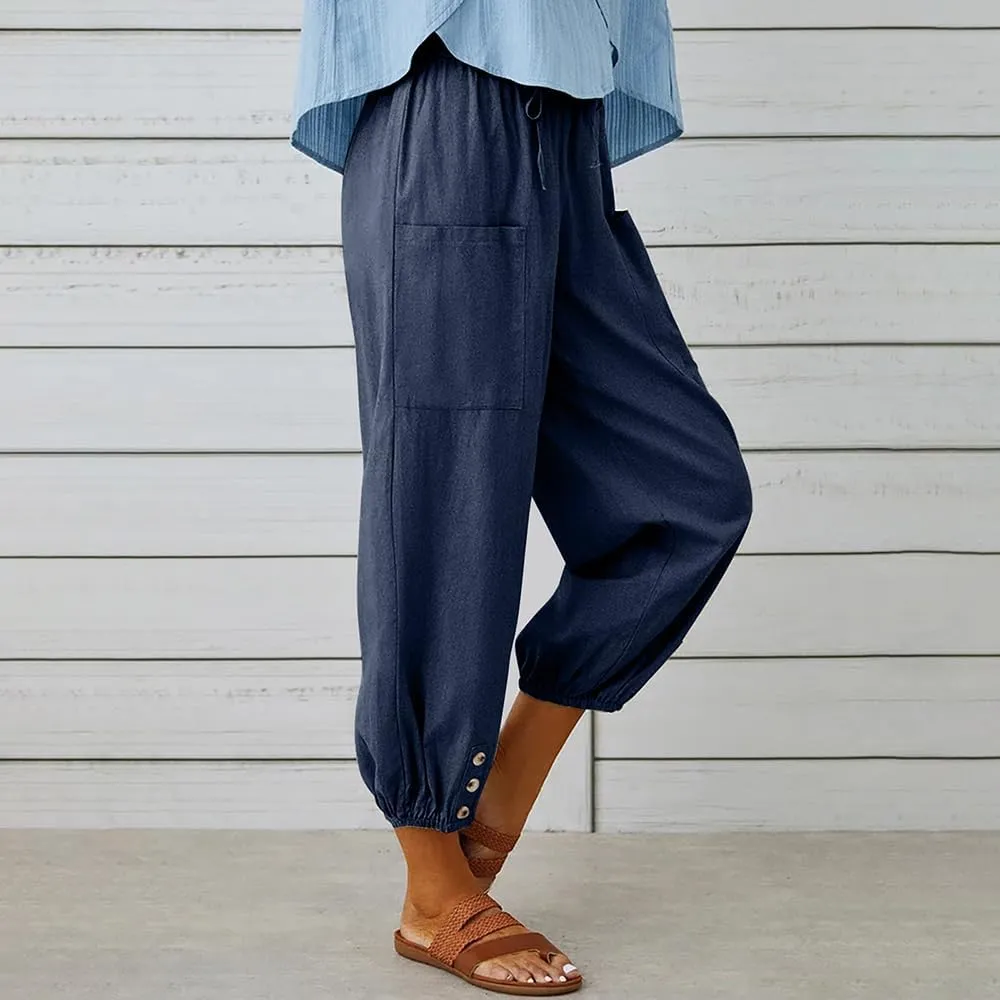 Women Cotton Linen Pants Casual Drawstring High Waisted Loose Plus Size Cropped Pants with Pockets