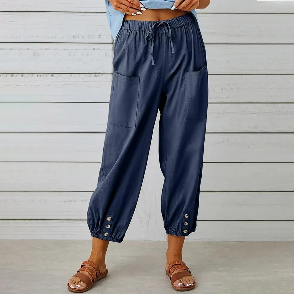 Women Cotton Linen Pants Casual Drawstring High Waisted Loose Plus Size Cropped Pants with Pockets