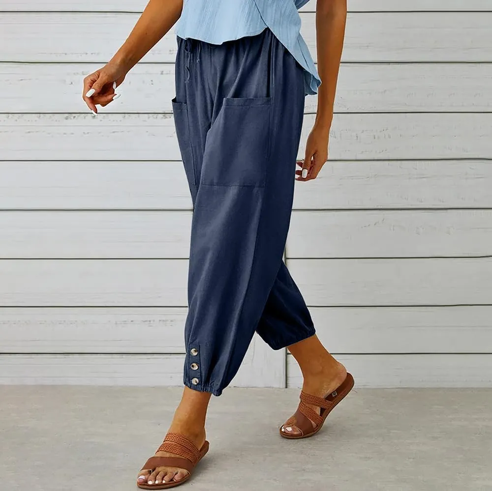 Women Cotton Linen Pants Casual Drawstring High Waisted Loose Plus Size Cropped Pants with Pockets