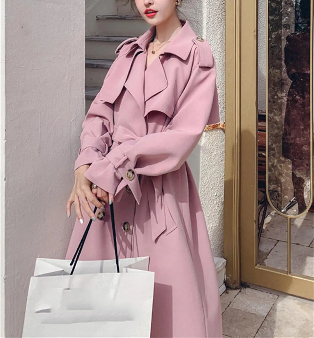 Women Double-Breasted Long Trench Coat Duster Coat With Belt Lady Windbreaker Spring Outerwear