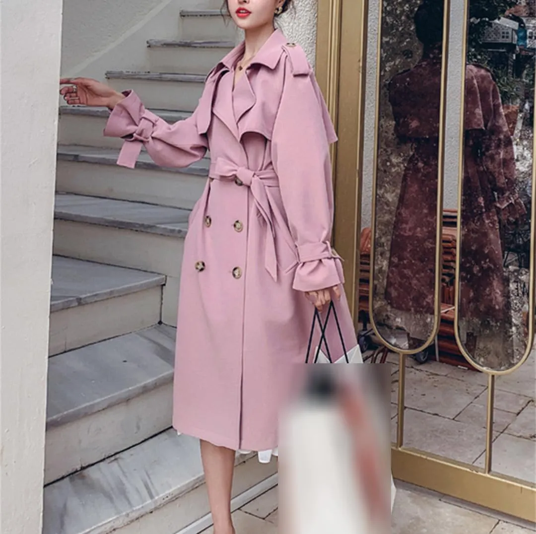 Women Double-Breasted Long Trench Coat Duster Coat With Belt Lady Windbreaker Spring Outerwear