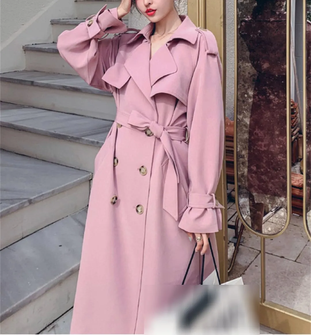 Women Double-Breasted Long Trench Coat Duster Coat With Belt Lady Windbreaker Spring Outerwear