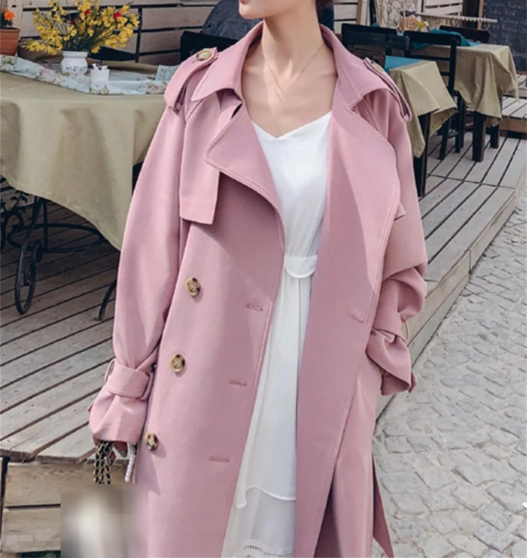 Women Double-Breasted Long Trench Coat Duster Coat With Belt Lady Windbreaker Spring Outerwear