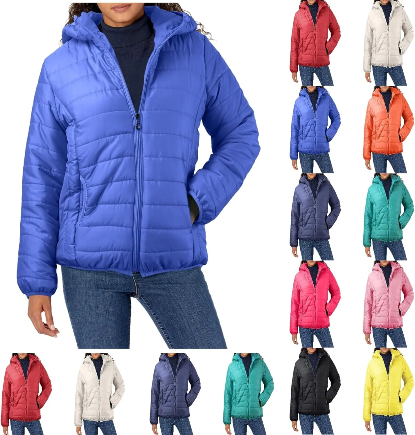 Women Down Jacket Lightweight Padded Quilted Jackets Fall Full Zip Cotton Coats Casual Warm Insulated Hooded Outwear