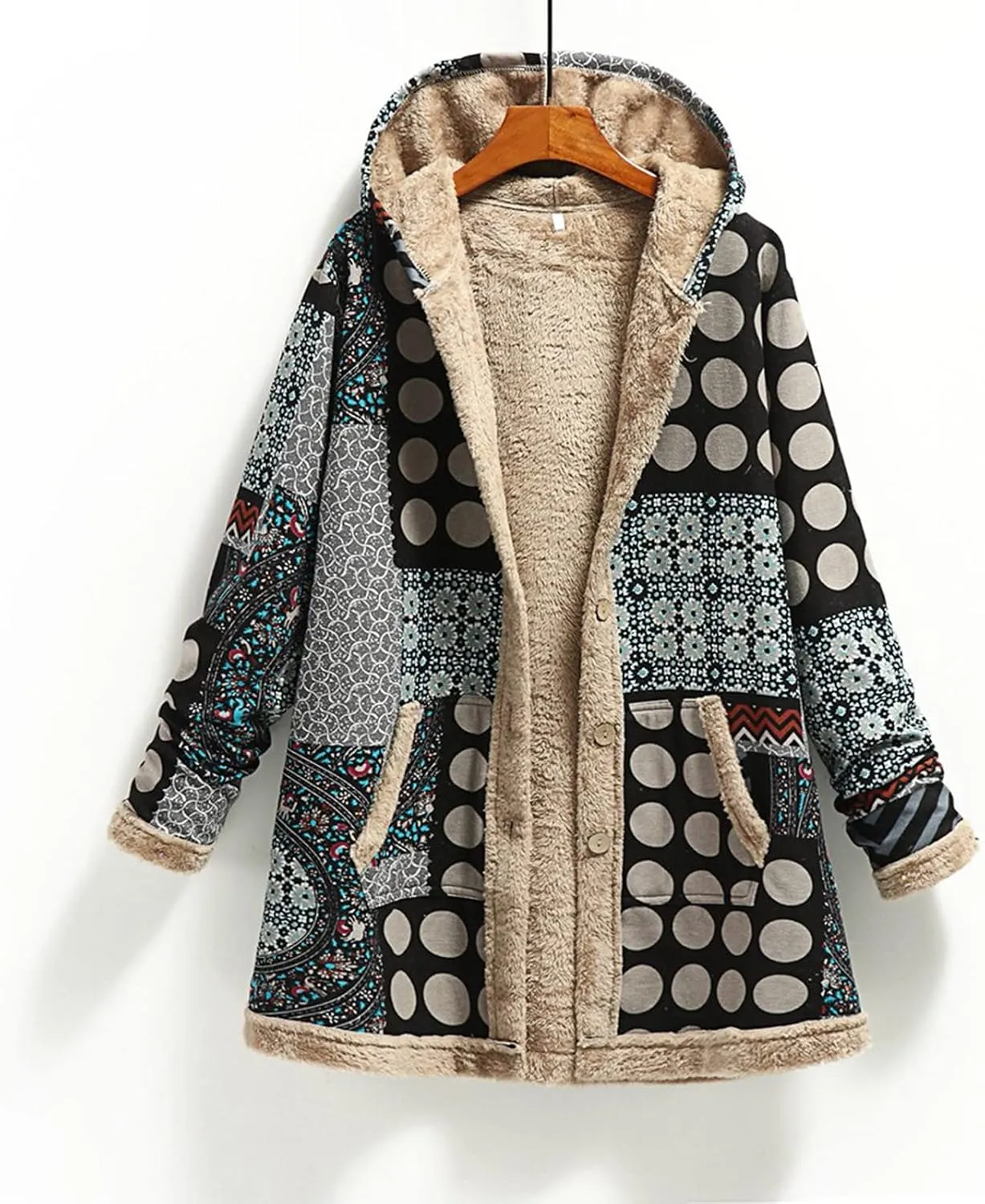 Women Fuzzy Jacket Shearling Lined Fleece Coat Fashion Patchwork Long Sleeve Open Front Cardigan Warm Winter Outwear