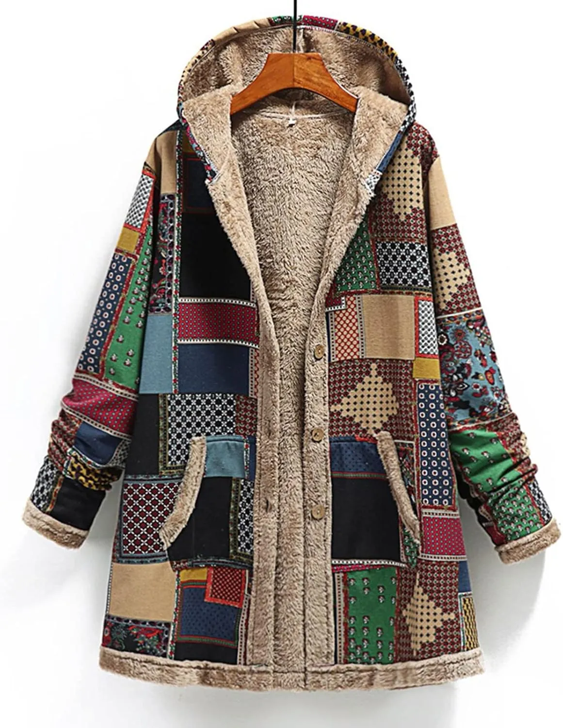 Women Fuzzy Jacket Shearling Lined Fleece Coat Fashion Patchwork Long Sleeve Open Front Cardigan Warm Winter Outwear