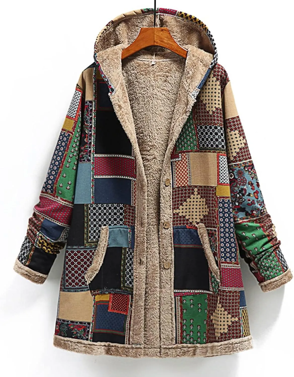 Women Fuzzy Jacket Shearling Lined Fleece Coat Fashion Patchwork Long Sleeve Open Front Cardigan Warm Winter Outwear