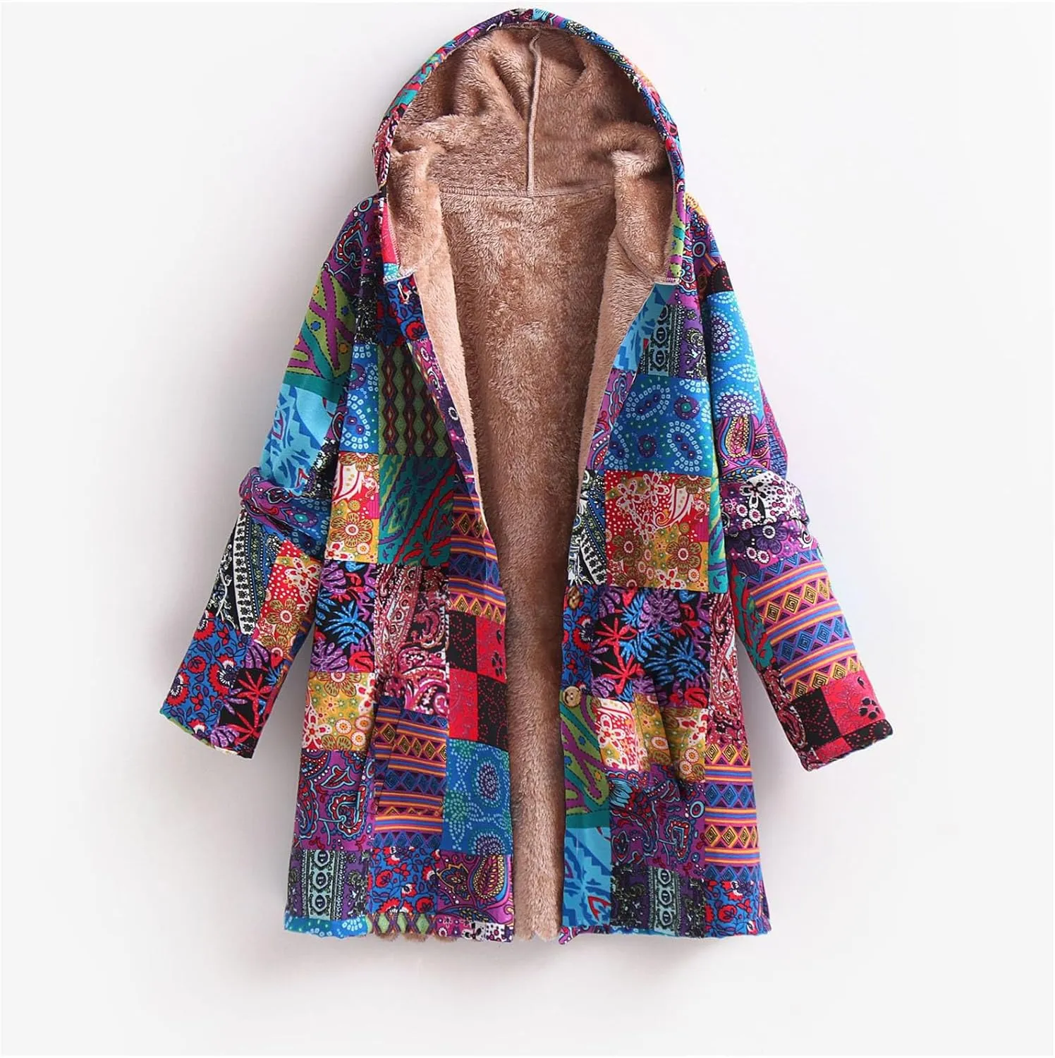 Women Fuzzy Jacket Shearling Lined Fleece Coat Fashion Patchwork Long Sleeve Open Front Cardigan Warm Winter Outwear