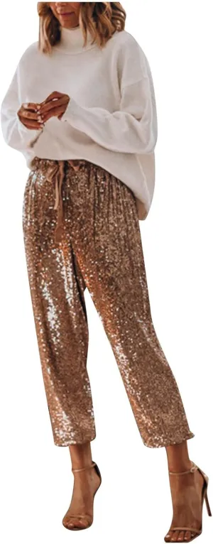 Women Glitter Pants Ladies Silk High Waist Drape Zip Wide Leg Flared Pants Bottom Streetwear Sequin Pants