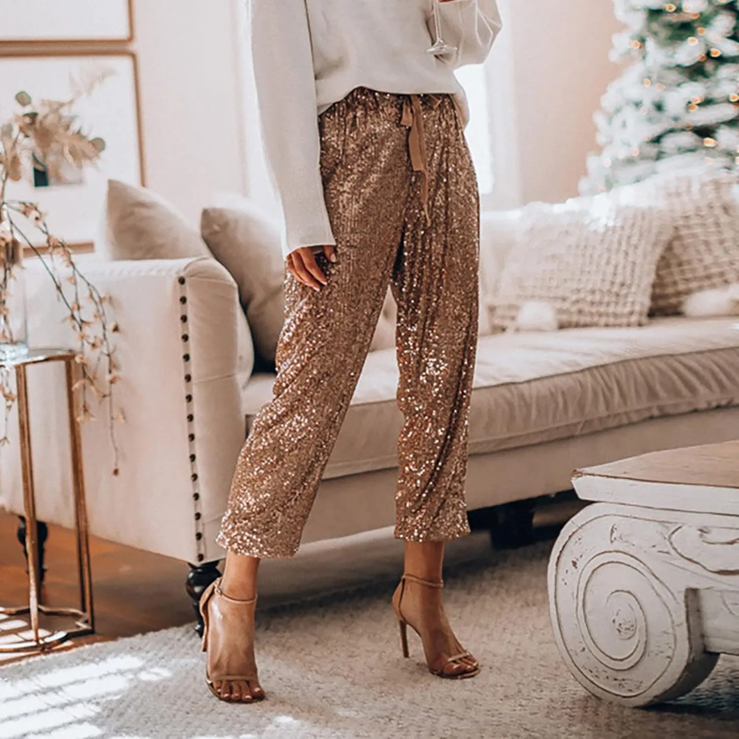 Women Glitter Pants Ladies Silk High Waist Drape Zip Wide Leg Flared Pants Bottom Streetwear Sequin Pants