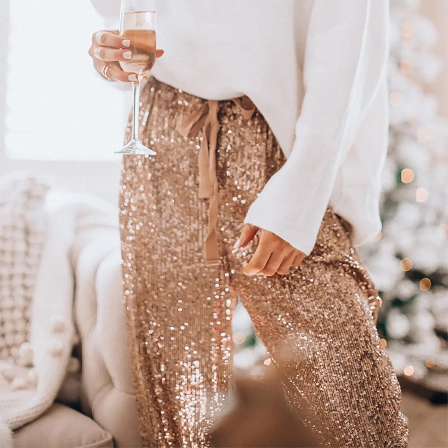Women Glitter Pants Ladies Silk High Waist Drape Zip Wide Leg Flared Pants Bottom Streetwear Sequin Pants