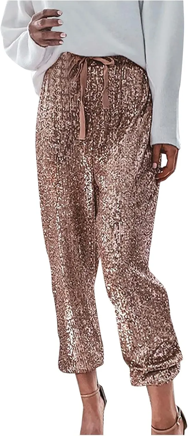 Women Glitter Pants Ladies Silk High Waist Drape Zip Wide Leg Flared Pants Bottom Streetwear Sequin Pants