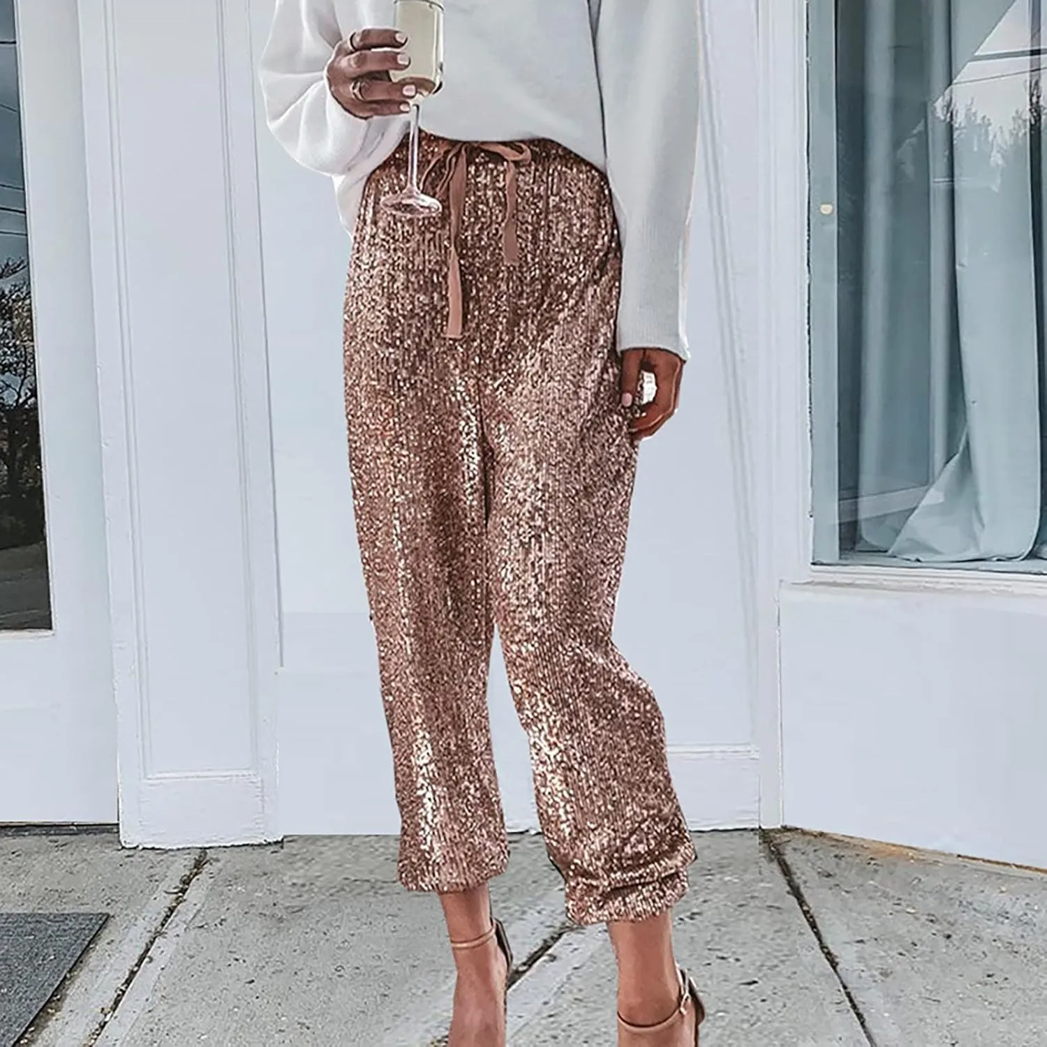Women Glitter Pants Ladies Silk High Waist Drape Zip Wide Leg Flared Pants Bottom Streetwear Sequin Pants