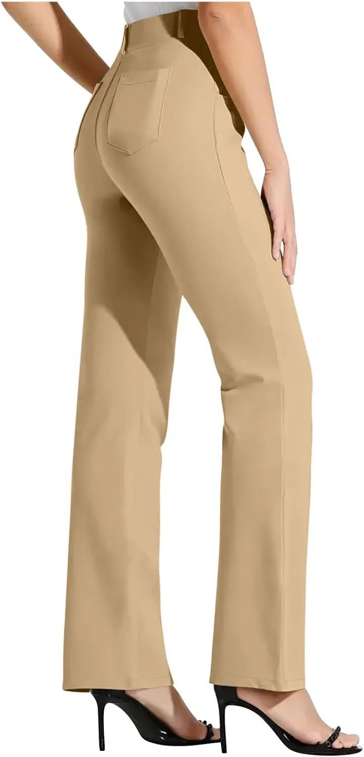 Women High Waist Work Pants Office Yoga Dress Pants Business Casual Outfits Elastic Waist Straight Leg Pocket Trouser