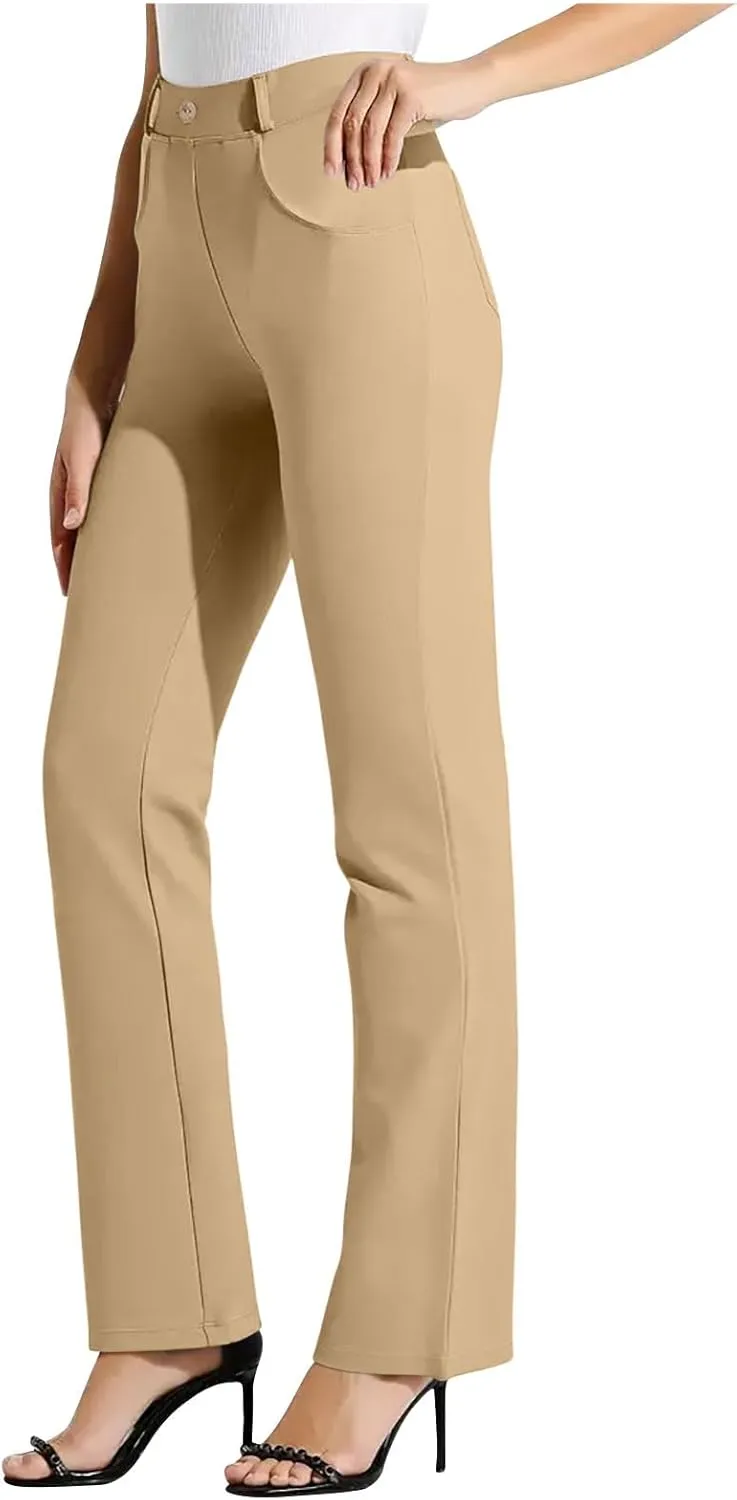 Women High Waist Work Pants Office Yoga Dress Pants Business Casual Outfits Elastic Waist Straight Leg Pocket Trouser