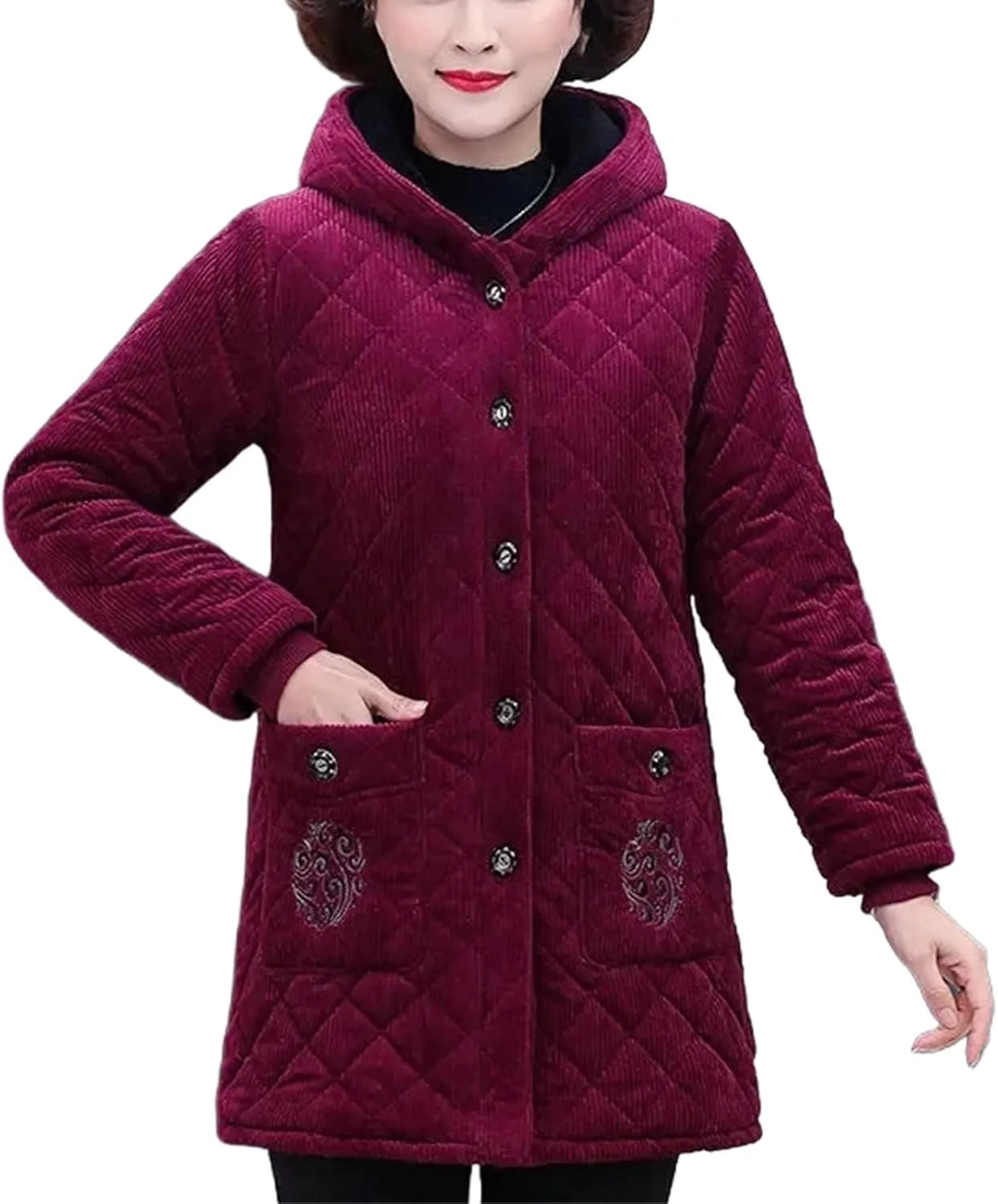 Women Jacket Winter Fleece Thick Corduroy Outerwear Female Hooded Cotton Padded Coat Mother Clothes