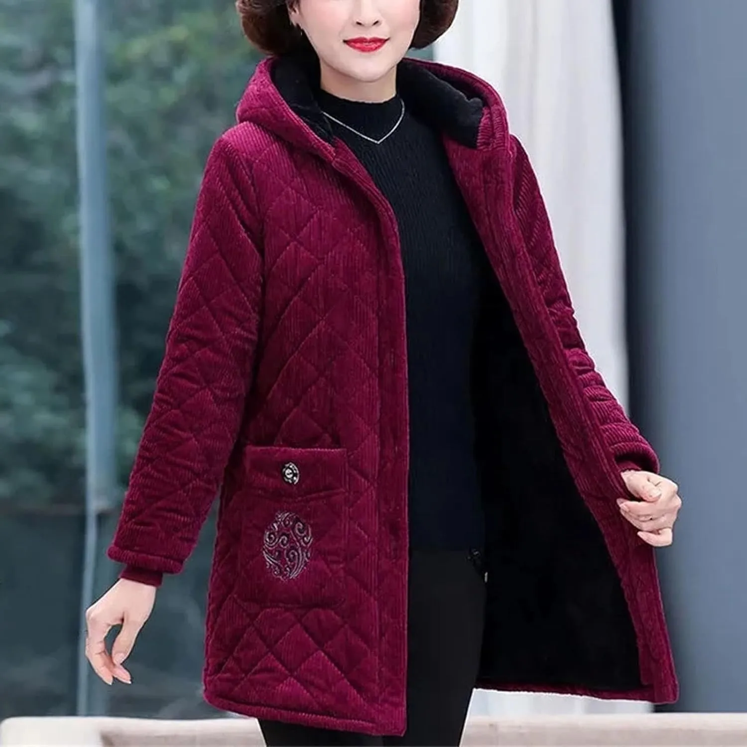 Women Jacket Winter Fleece Thick Corduroy Outerwear Female Hooded Cotton Padded Coat Mother Clothes