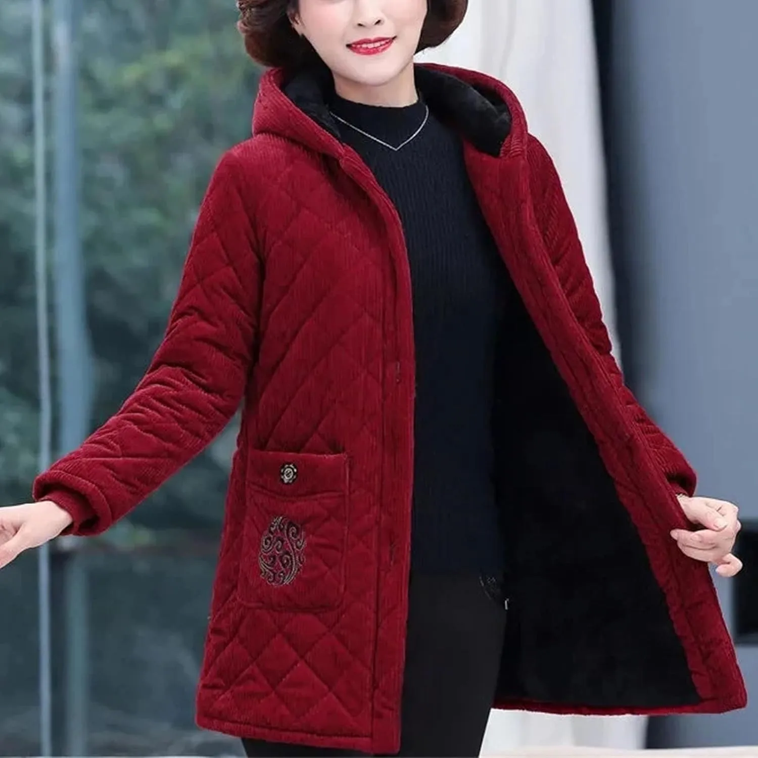 Women Jacket Winter Fleece Thick Corduroy Outerwear Female Hooded Cotton Padded Coat Mother Clothes