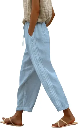 Women Linen Capri Pants Summer Boho with Pockets Wide Leg Cropped Pants for Women Casual Summer Cropped Pants Womens