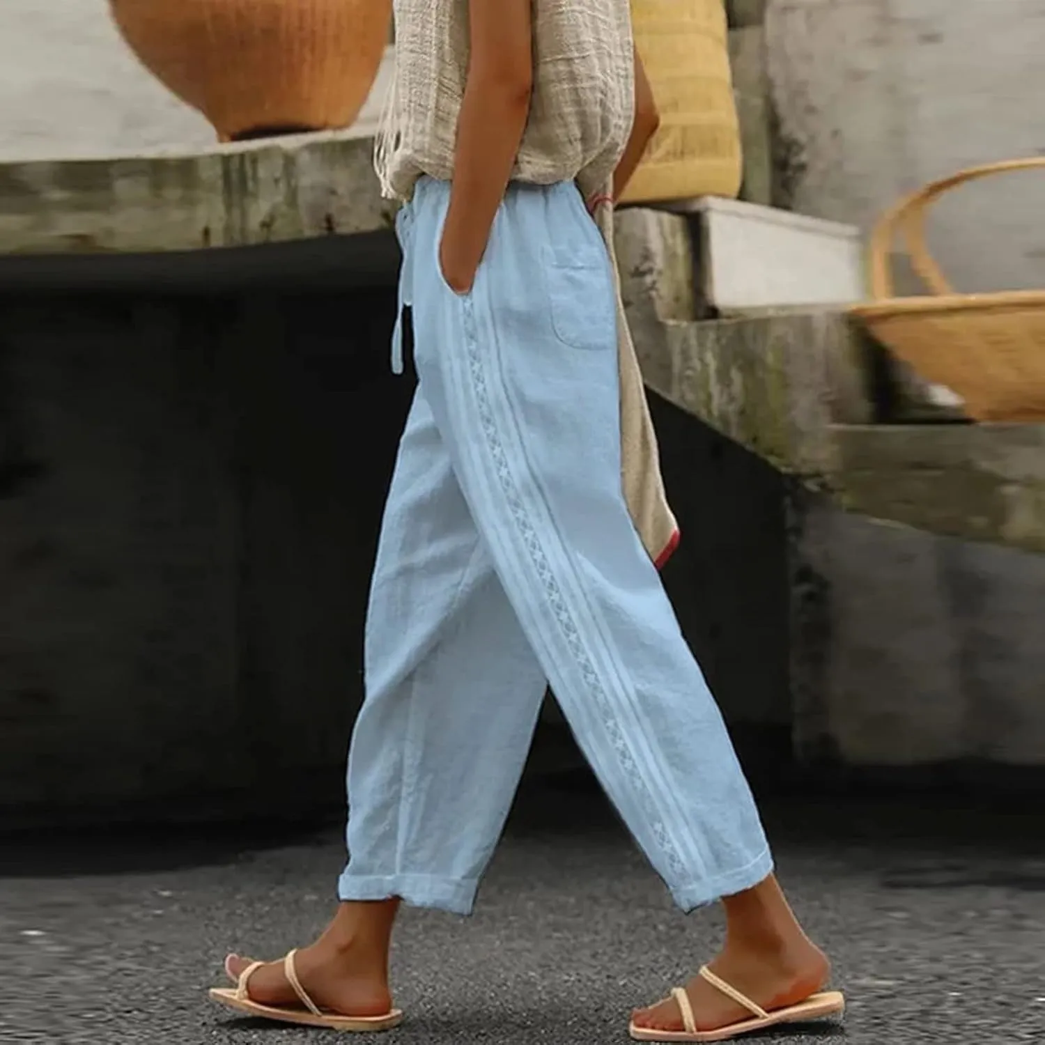 Women Linen Capri Pants Summer Boho with Pockets Wide Leg Cropped Pants for Women Casual Summer Cropped Pants Womens