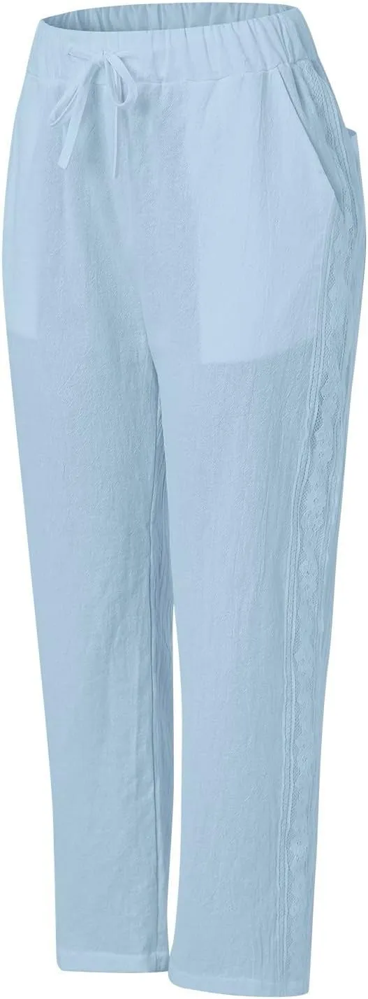 Women Linen Capri Pants Summer Boho with Pockets Wide Leg Cropped Pants for Women Casual Summer Cropped Pants Womens