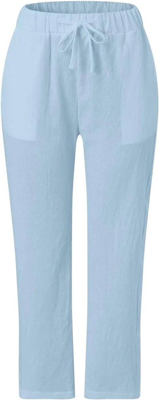 Women Linen Capri Pants Summer Boho with Pockets Wide Leg Cropped Pants for Women Casual Summer Cropped Pants Womens