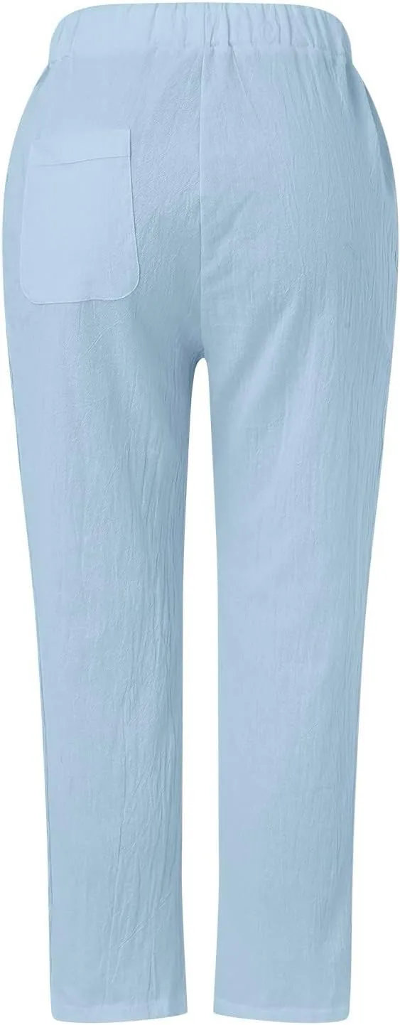 Women Linen Capri Pants Summer Boho with Pockets Wide Leg Cropped Pants for Women Casual Summer Cropped Pants Womens