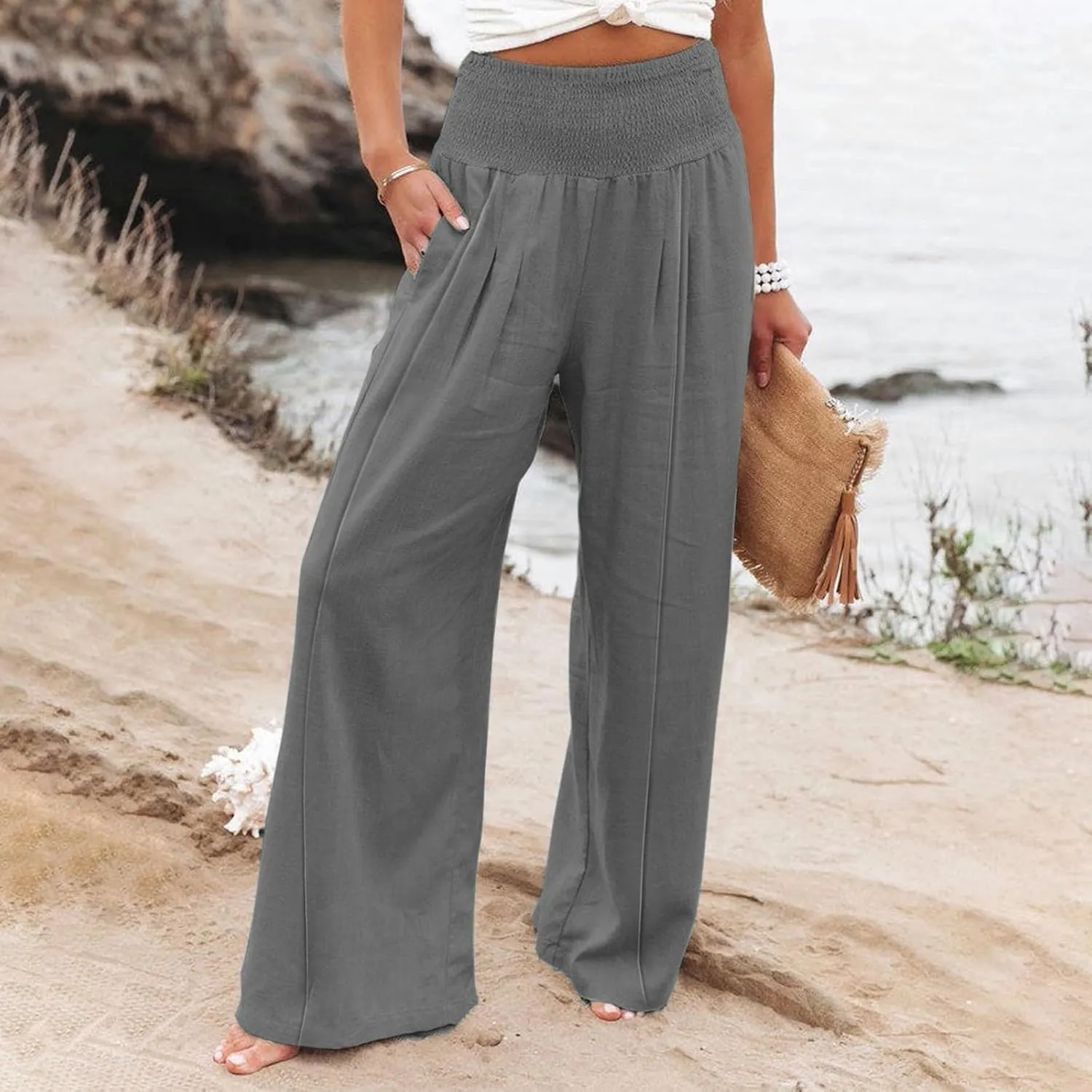 Women Linen Palazzo Pants Boho Wide Leg High Waist Casual Lounge Pant Trousers with Pockets Straight Leg Comfort Pants