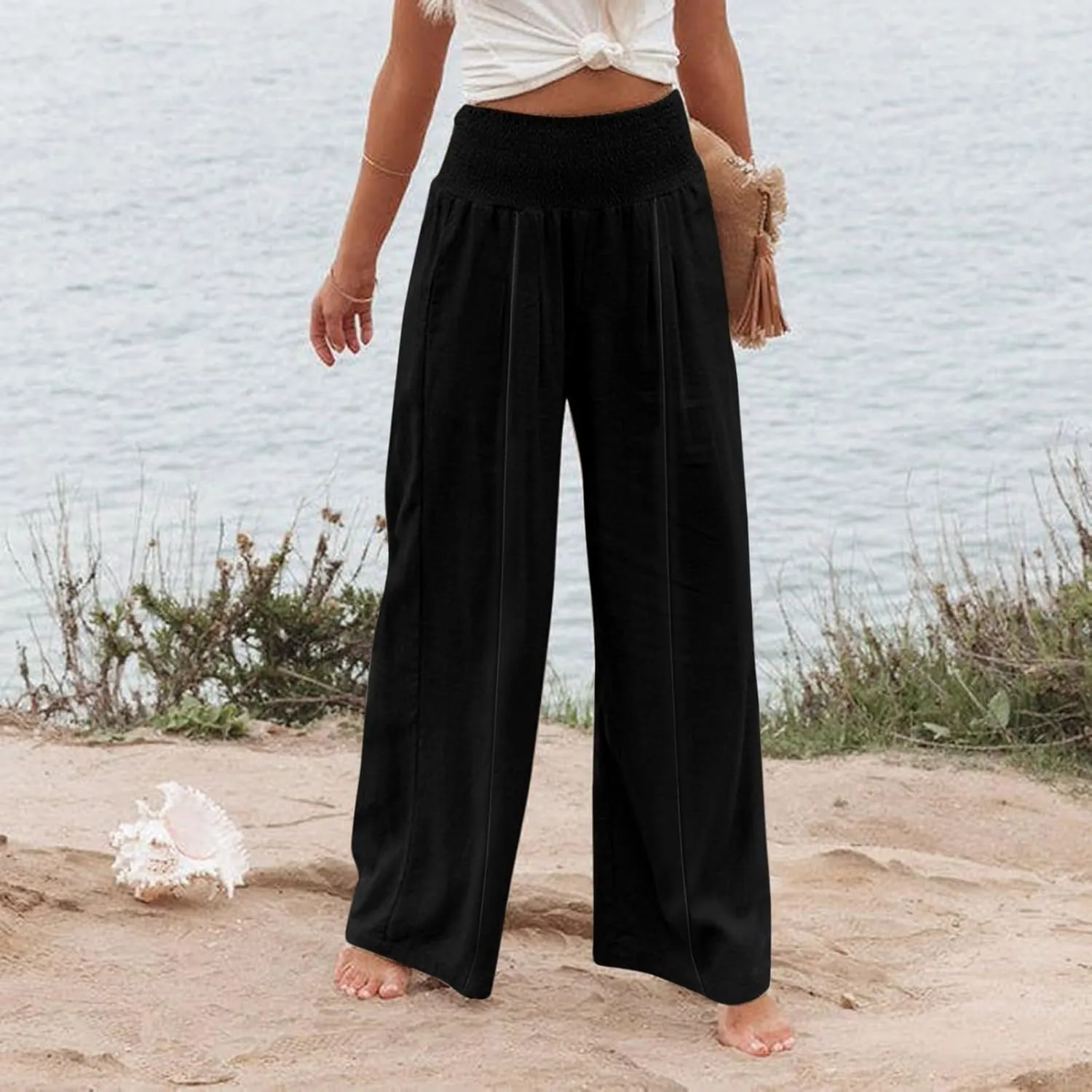Women Linen Palazzo Pants Boho Wide Leg High Waist Casual Lounge Pant Trousers with Pockets Straight Leg Comfort Pants