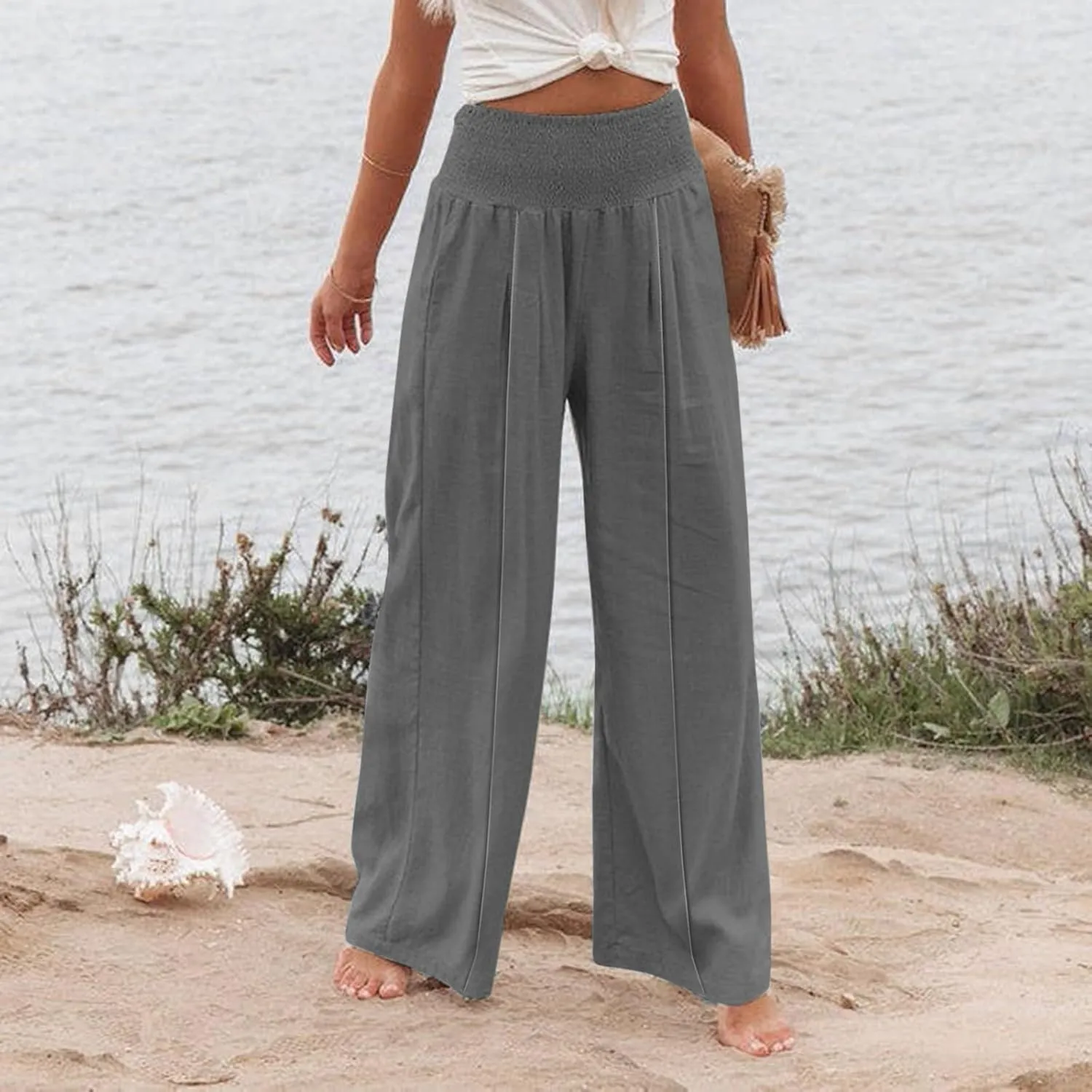 Women Linen Palazzo Pants Boho Wide Leg High Waist Casual Lounge Pant Trousers with Pockets Straight Leg Comfort Pants