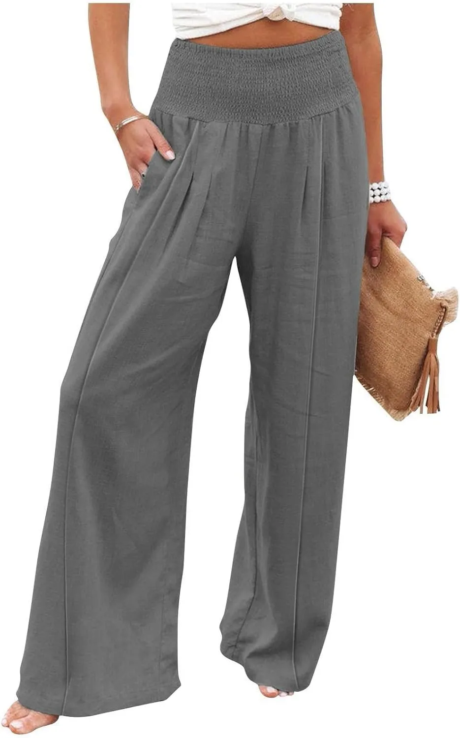 Women Linen Palazzo Pants Boho Wide Leg High Waist Casual Lounge Pant Trousers with Pockets Straight Leg Comfort Pants
