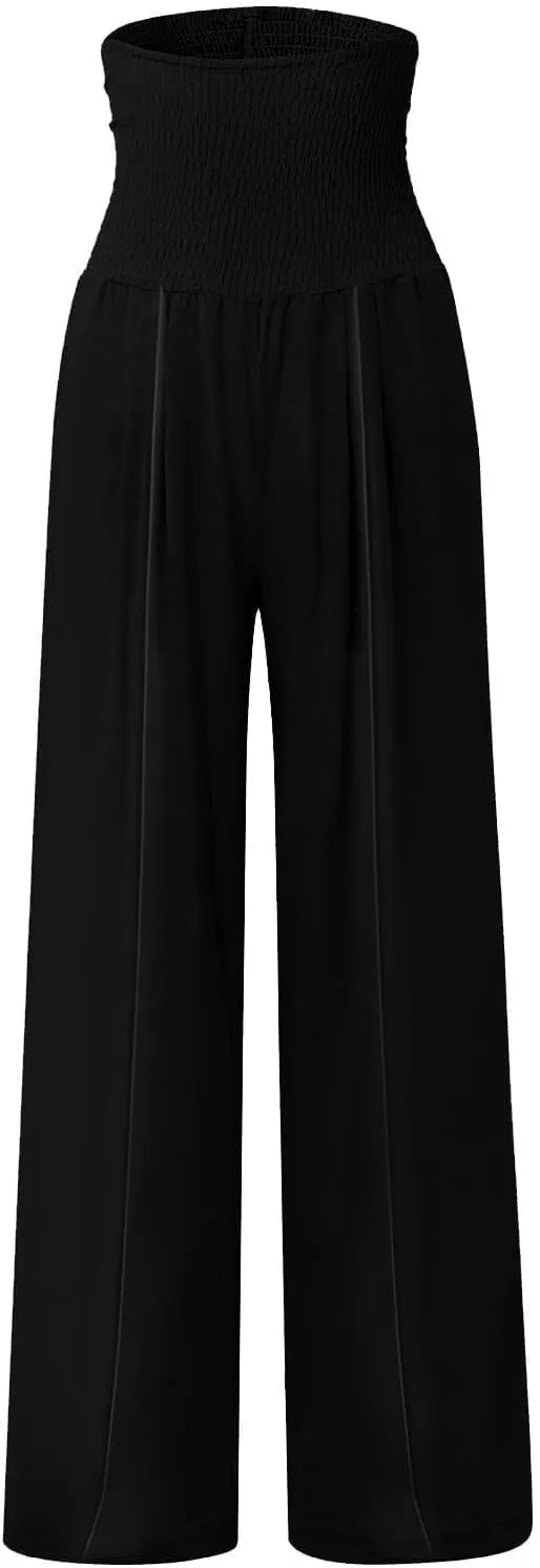 Women Linen Palazzo Pants Boho Wide Leg High Waist Casual Lounge Pant Trousers with Pockets Straight Leg Comfort Pants