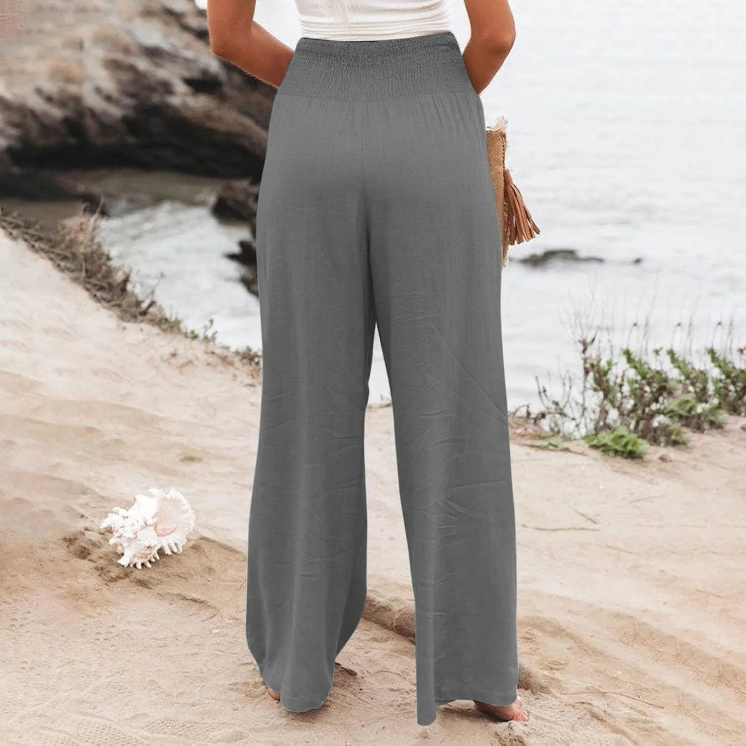 Women Linen Palazzo Pants Boho Wide Leg High Waist Casual Lounge Pant Trousers with Pockets Straight Leg Comfort Pants
