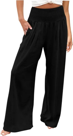 Women Linen Palazzo Pants Boho Wide Leg High Waist Casual Lounge Pant Trousers with Pockets Straight Leg Comfort Pants