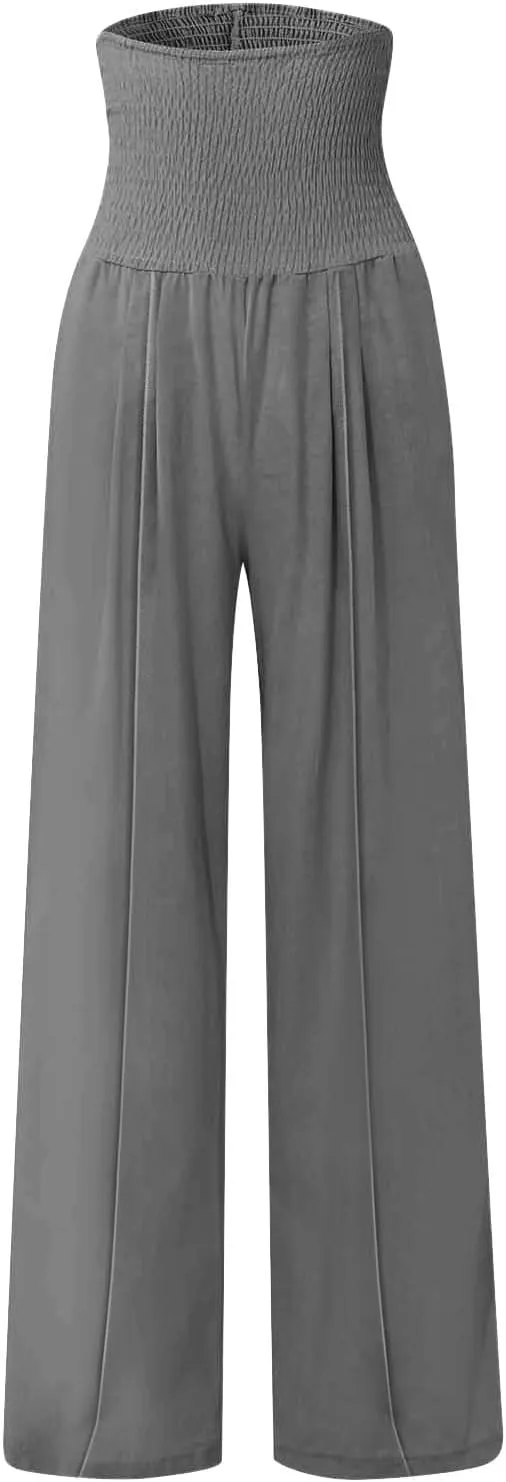 Women Linen Palazzo Pants Boho Wide Leg High Waist Casual Lounge Pant Trousers with Pockets Straight Leg Comfort Pants
