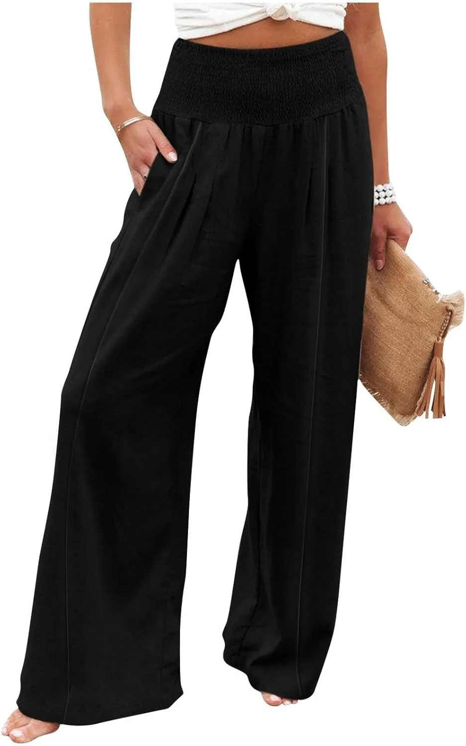 Women Linen Palazzo Pants Boho Wide Leg High Waist Casual Lounge Pant Trousers with Pockets Straight Leg Comfort Pants
