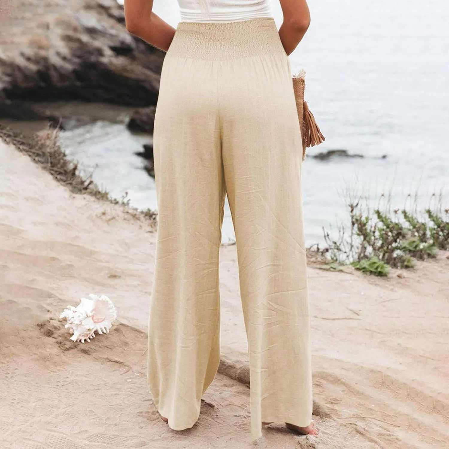 Women Linen Palazzo Pants Boho Wide Leg High Waist Casual Lounge Pant Trousers with Pockets Straight Leg Comfort Pants