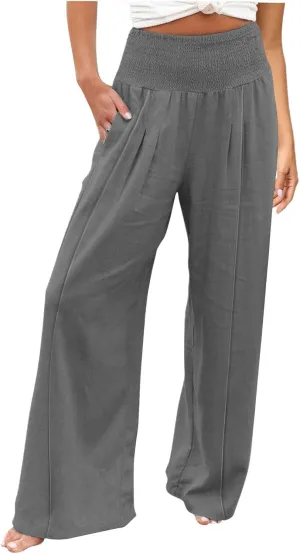 Women Linen Palazzo Pants Boho Wide Leg High Waist Casual Lounge Pant Trousers with Pockets Straight Leg Comfort Pants