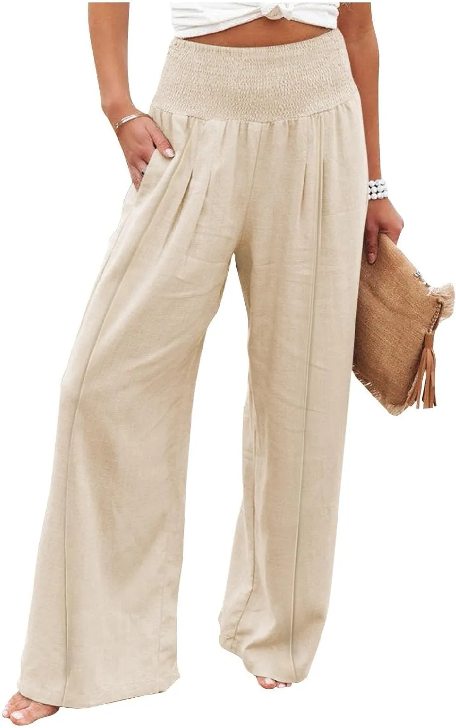 Women Linen Palazzo Pants Boho Wide Leg High Waist Casual Lounge Pant Trousers with Pockets Straight Leg Comfort Pants