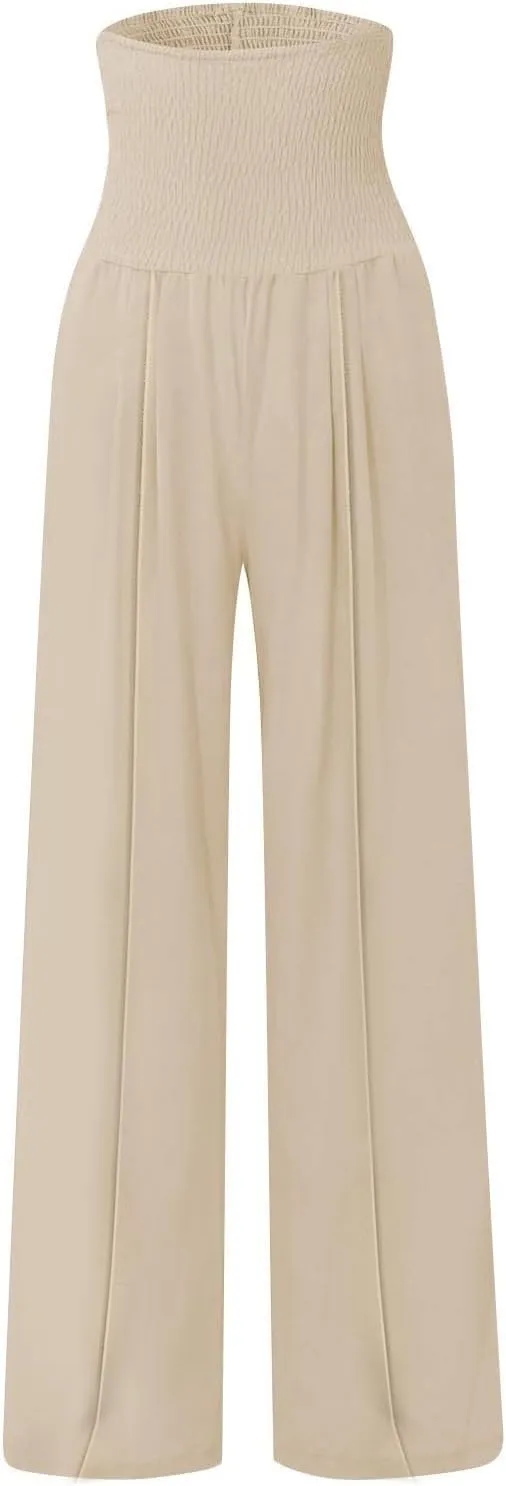 Women Linen Palazzo Pants Boho Wide Leg High Waist Casual Lounge Pant Trousers with Pockets Straight Leg Comfort Pants