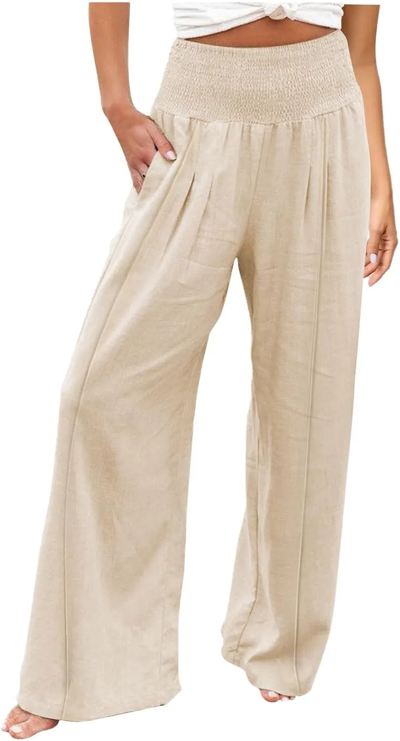 Women Linen Palazzo Pants Boho Wide Leg High Waist Casual Lounge Pant Trousers with Pockets Straight Leg Comfort Pants