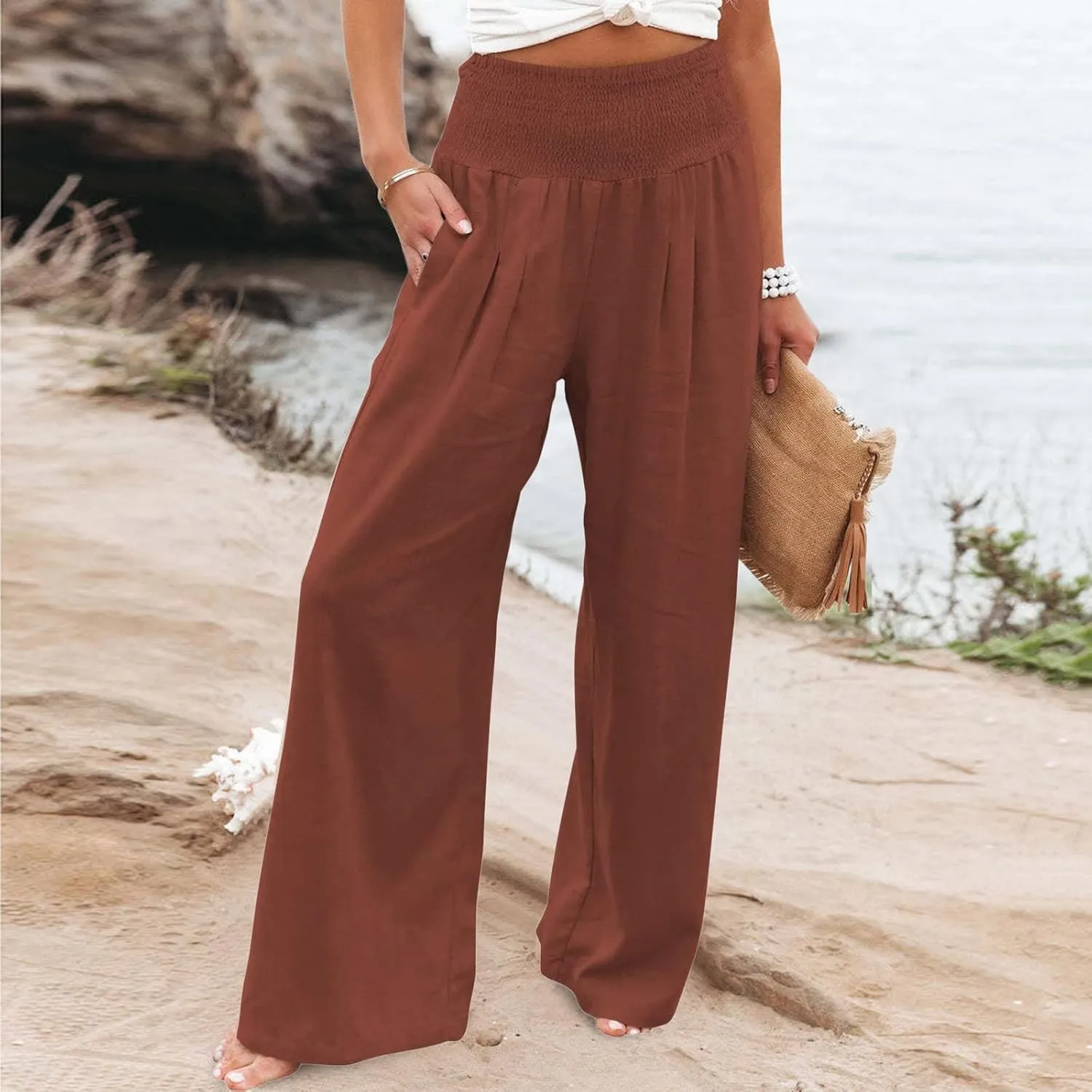 Women Linen Palazzo Pants Boho Wide Leg High Waist Casual Lounge Pant Trousers with Pockets Straight Leg Comfy Pants
