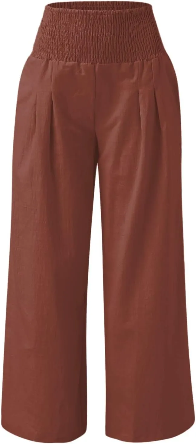 Women Linen Palazzo Pants Boho Wide Leg High Waist Casual Lounge Pant Trousers with Pockets Straight Leg Comfy Pants
