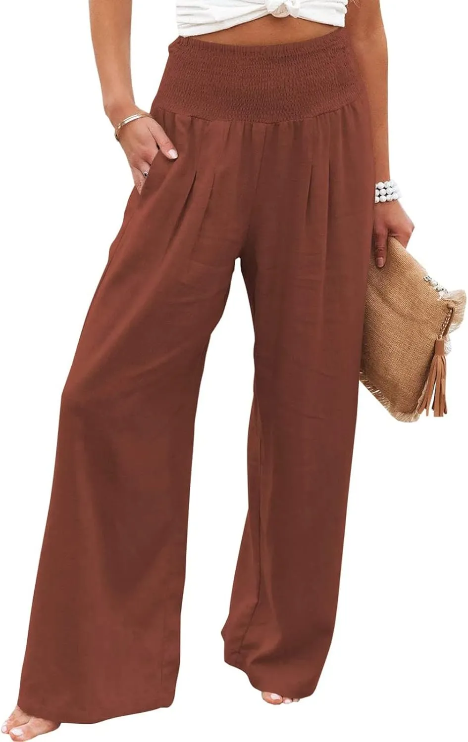 Women Linen Palazzo Pants Boho Wide Leg High Waist Casual Lounge Pant Trousers with Pockets Straight Leg Comfy Pants