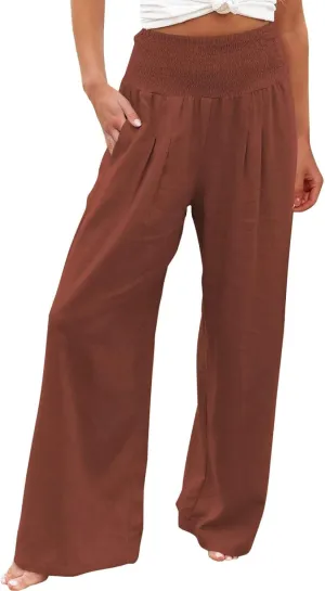 Women Linen Palazzo Pants Boho Wide Leg High Waist Casual Lounge Pant Trousers with Pockets Straight Leg Comfy Pants