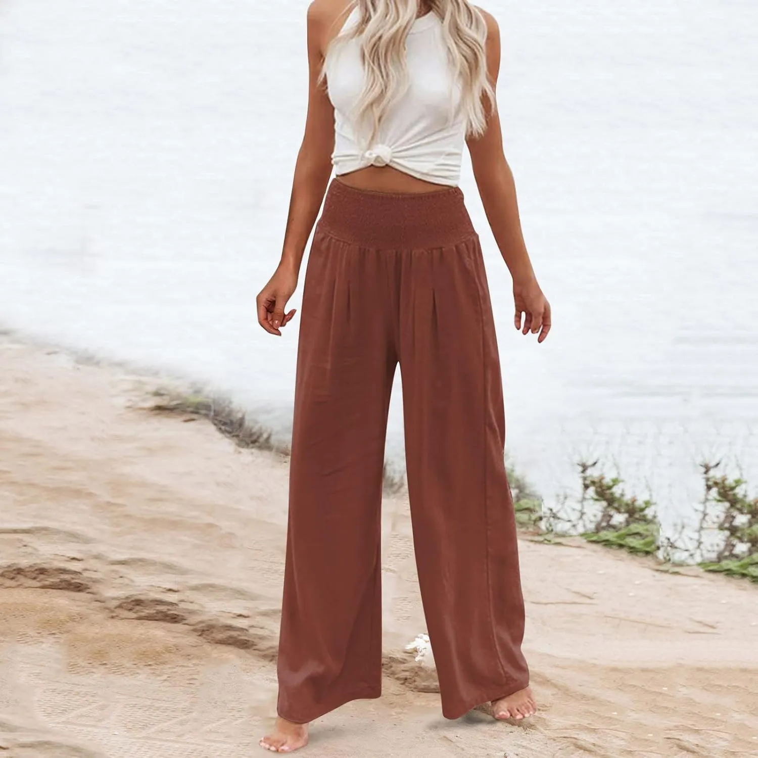 Women Linen Palazzo Pants Boho Wide Leg High Waist Casual Lounge Pant Trousers with Pockets Straight Leg Comfy Pants
