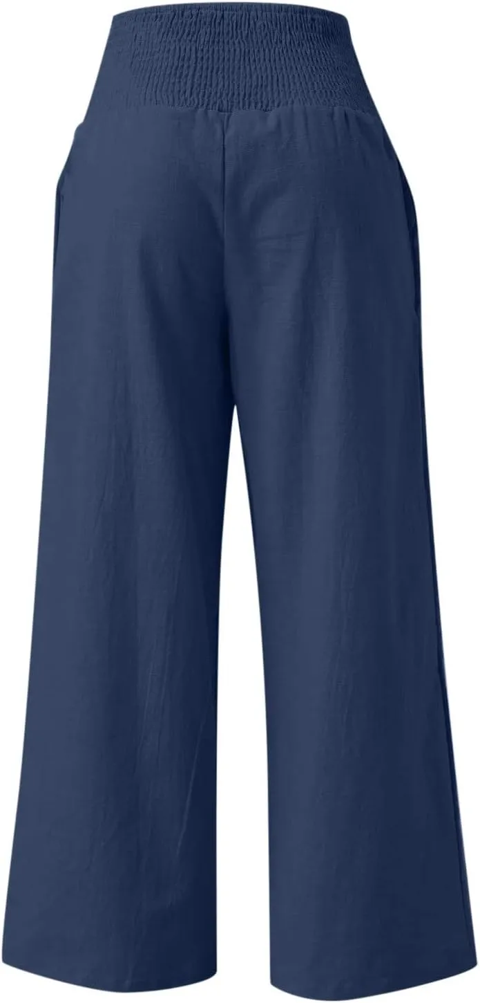 Women Linen Palazzo Pants Summer Wide Leg High Waist Trousers Casual Lounge Pant 2025 Beach Travel Vacation Outfits