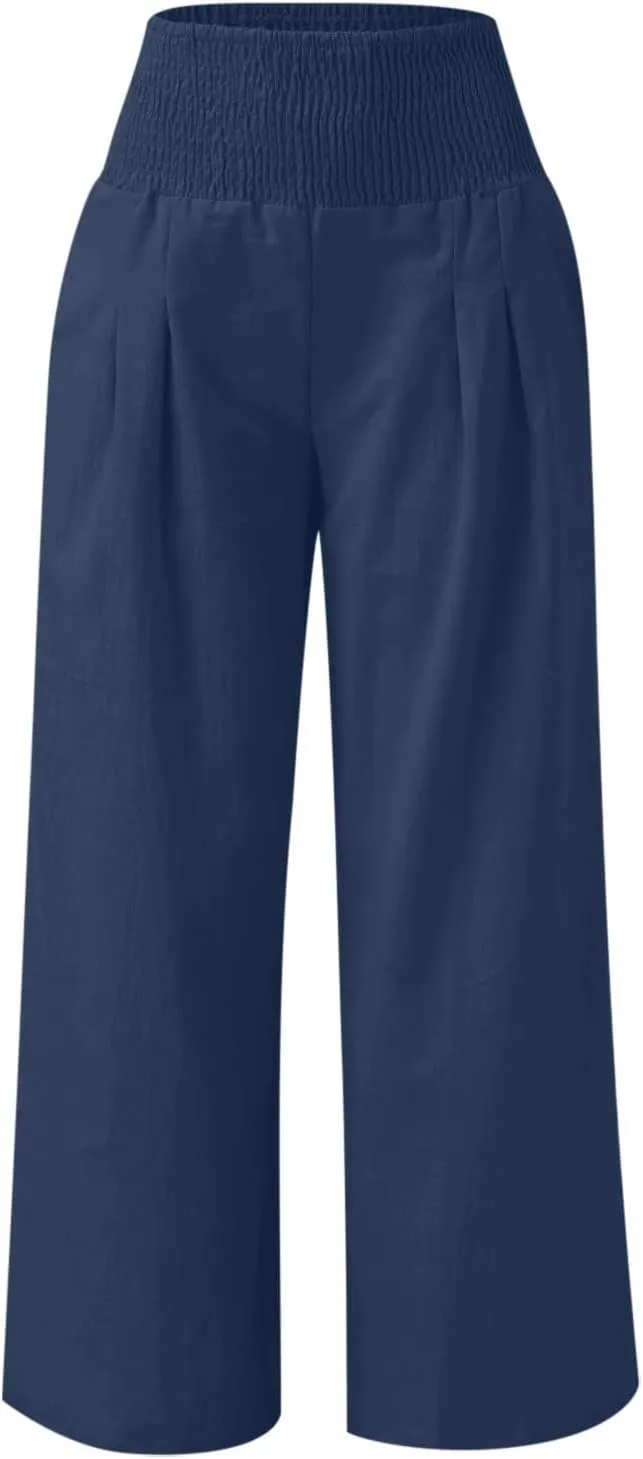 Women Linen Palazzo Pants Summer Wide Leg High Waist Trousers Casual Lounge Pant 2025 Beach Travel Vacation Outfits