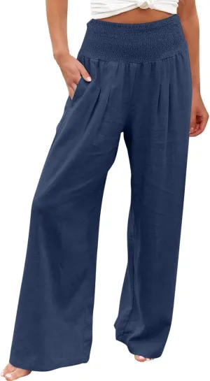 Women Linen Palazzo Pants Summer Wide Leg High Waist Trousers Casual Lounge Pant 2025 Beach Travel Vacation Outfits