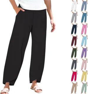 Women Linen Pants 2025 Summer Casual Capri Pants Plus Size Lightweight High Waist Baggy Palazzo Trousers with Pockets